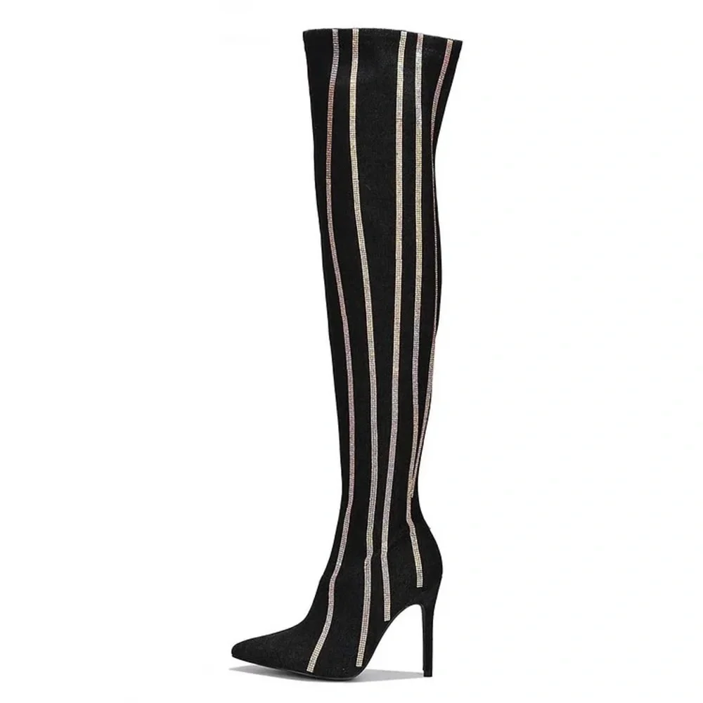 Cape Robbin🔥Black Stiletto Heel Rhinestone Striped Thigh Denim Boots for Women